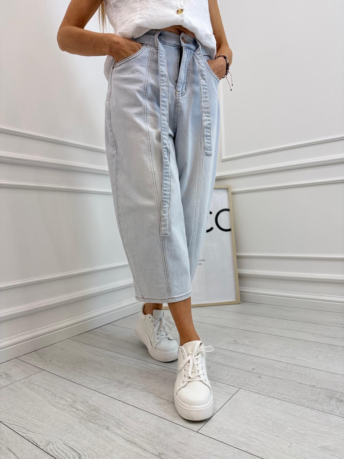 Jeansowe Spodnie Culotte Light Blue z Wiązaniem