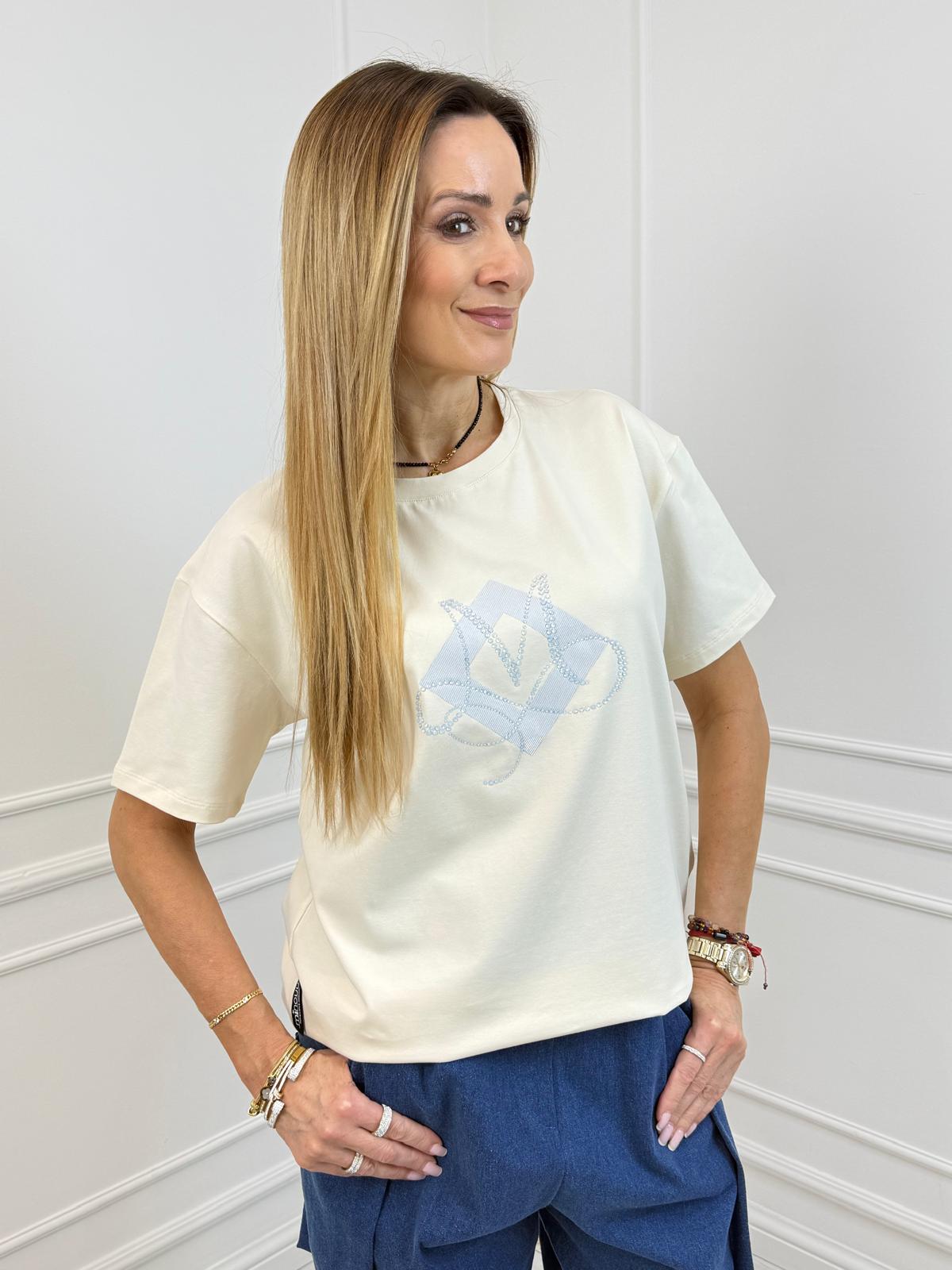 Waniliowa Bluzka T-shirt Minouu z Cyrkoniowym M 