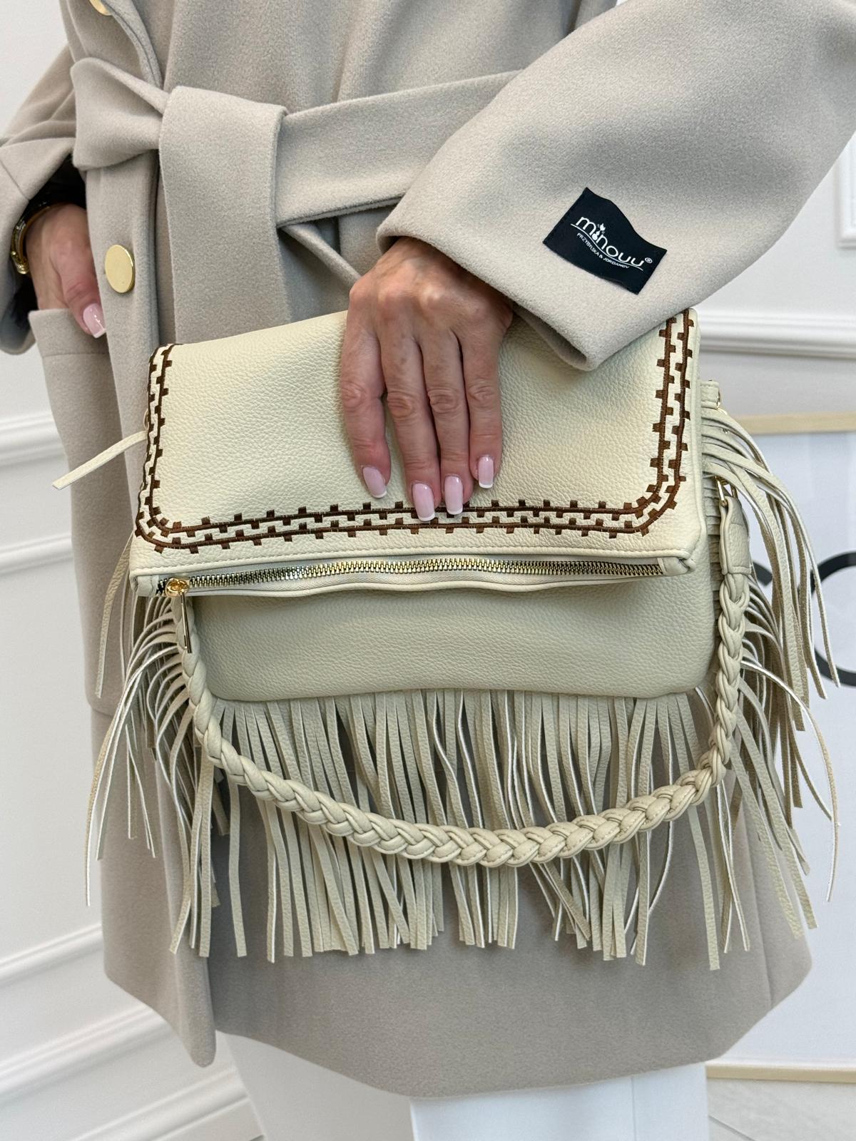 Torebka z Eko Skóry Beżowa z Frędzlami