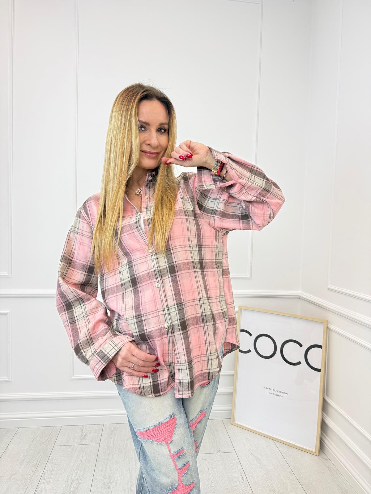 Różowo Brązowa Koszula w Kratkę 