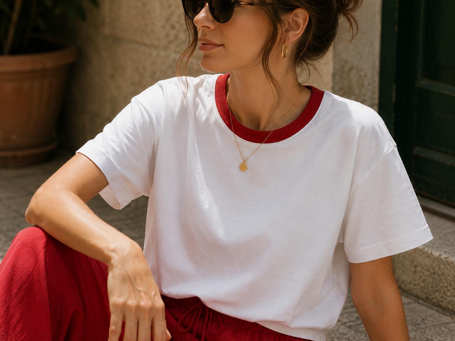 Biała Bluzka T-shirt Nooda z Czerwoną Lamówką