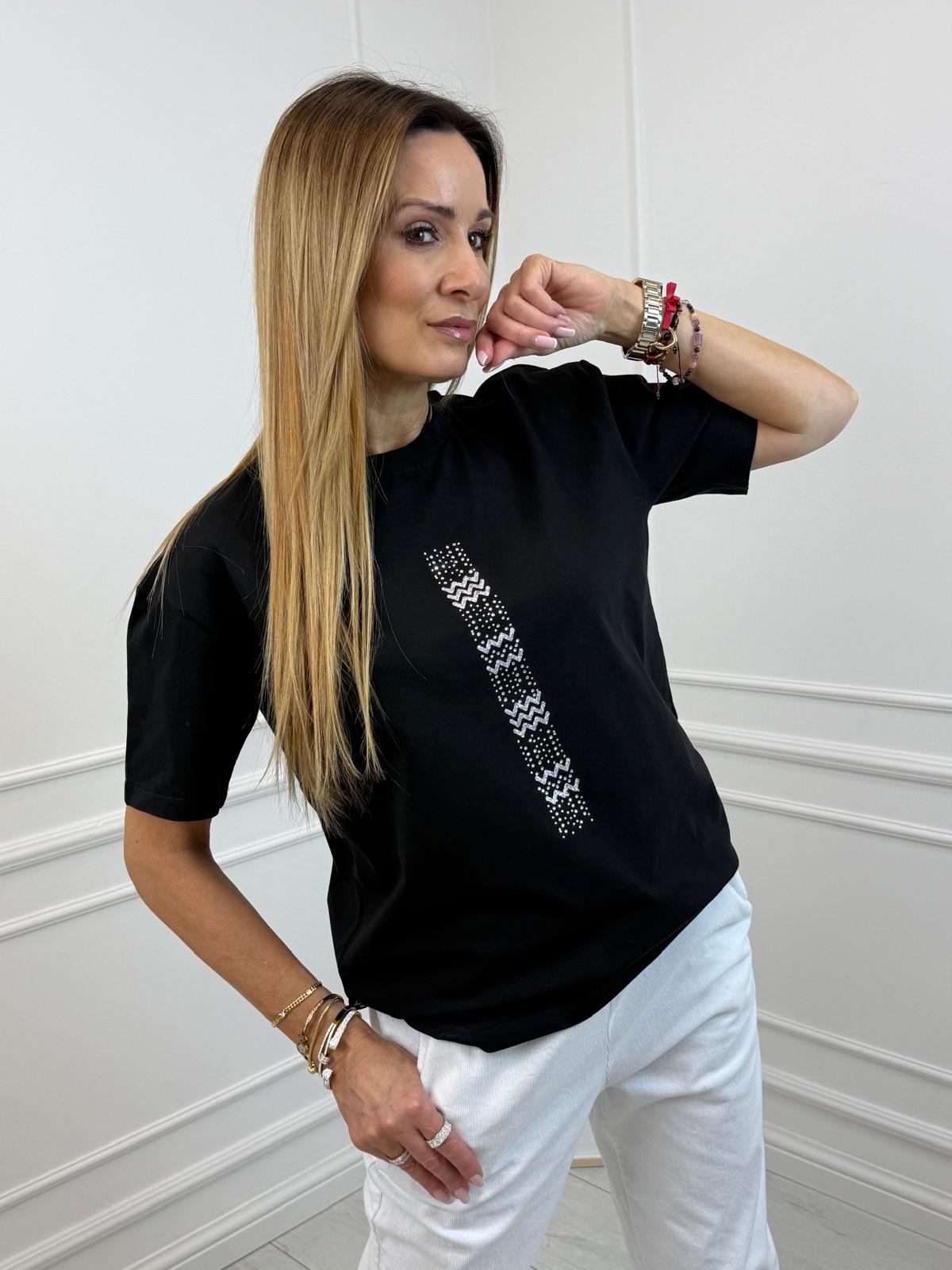 Czarna Bluzka T-shirt Minouu z Kryształową Aplikacją