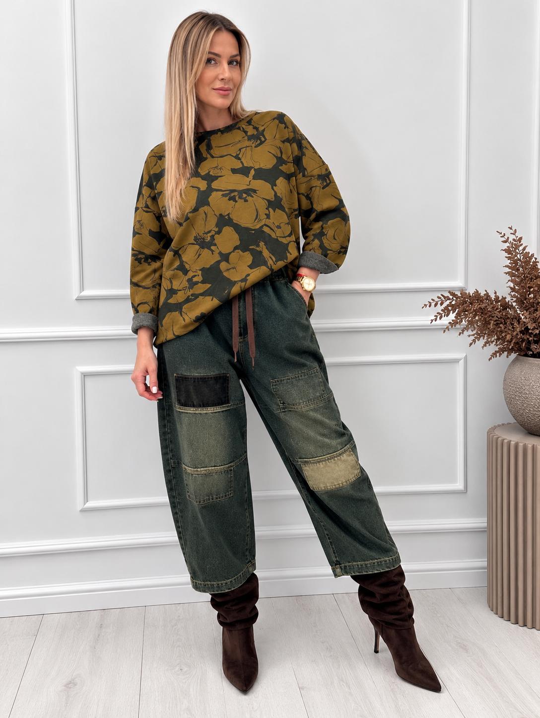 Bluza w Odcieniach Dyniowe Kwiaty na Oliwce 