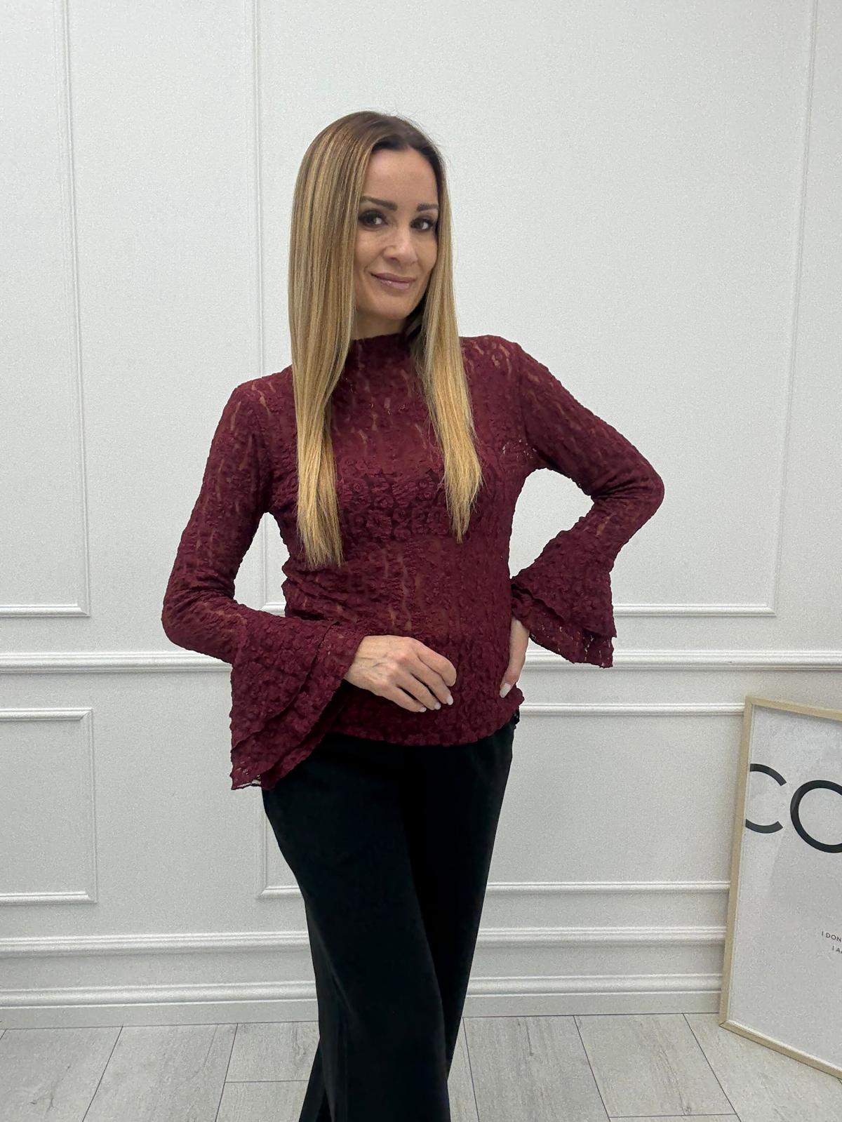 Bordowa Bluzka Koronkowa Full Classy