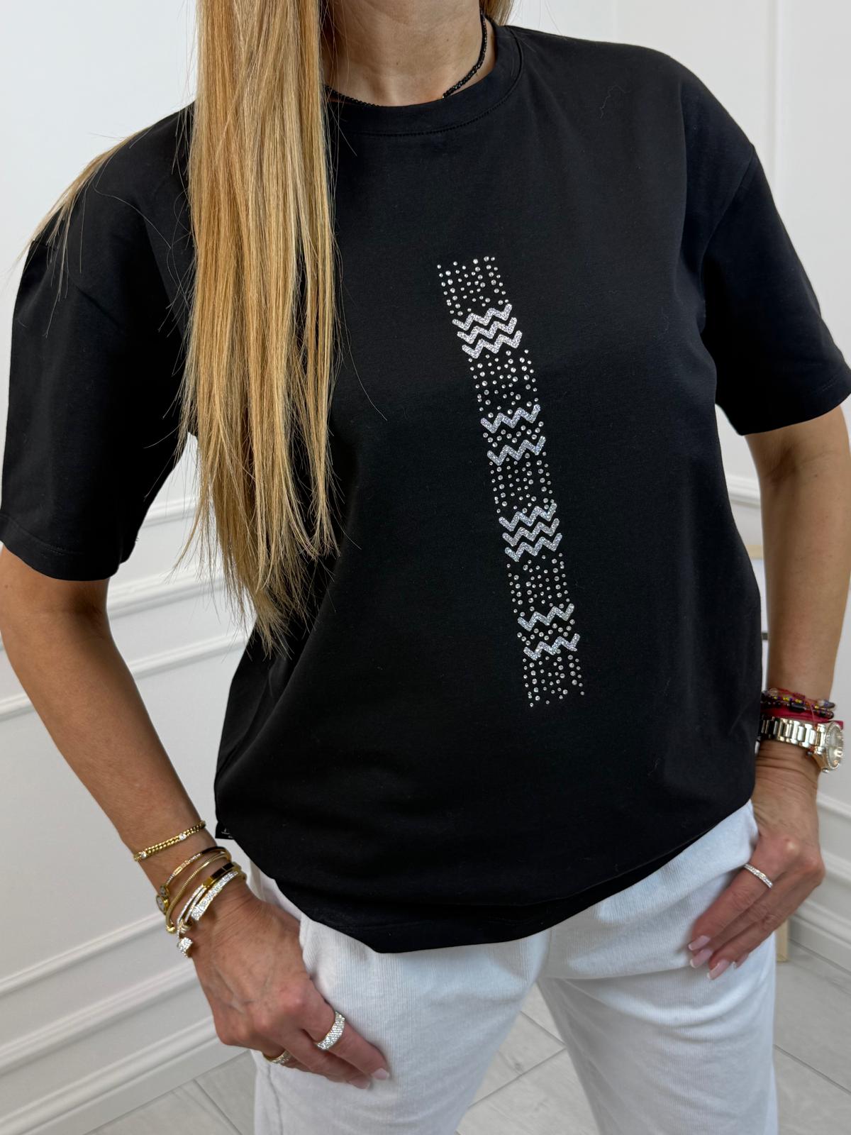 Czarna Bluzka T-shirt Minouu z Kryształową Aplikacją