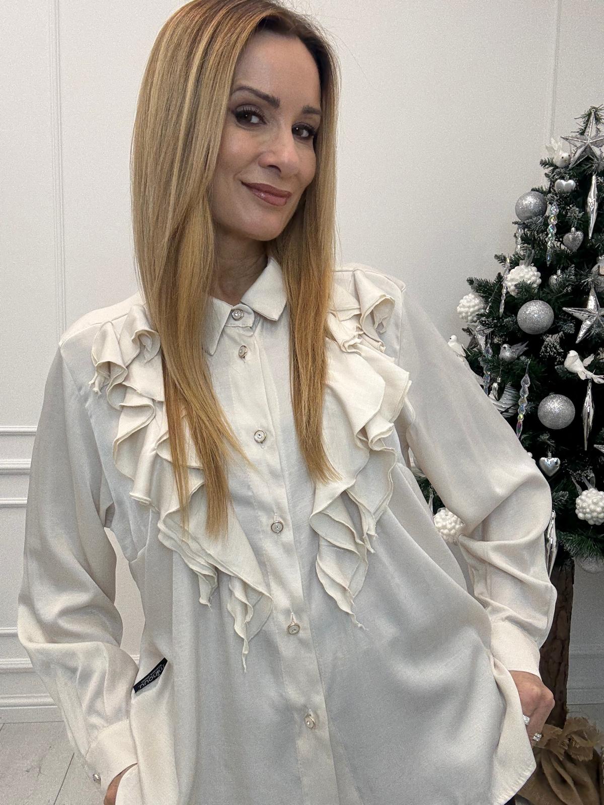 Beżowa Satynowa Koszula z Żabotem Minouu