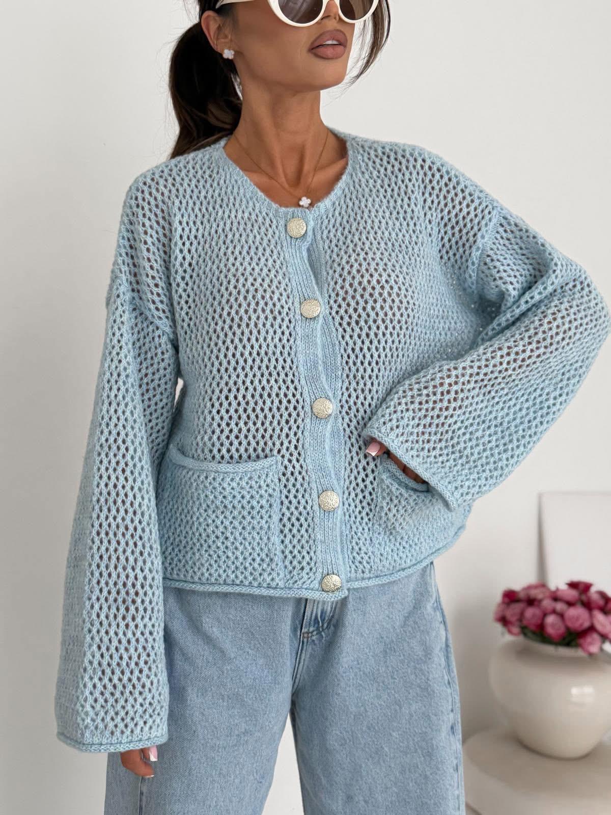 Błękitny Ażurowy Sweter Kardigan BOCCA 