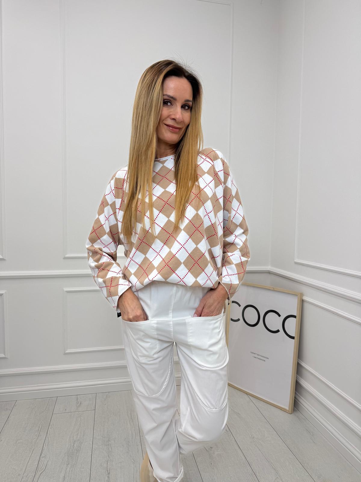 Beżowo Biała Bluzka w Romby MU MU 