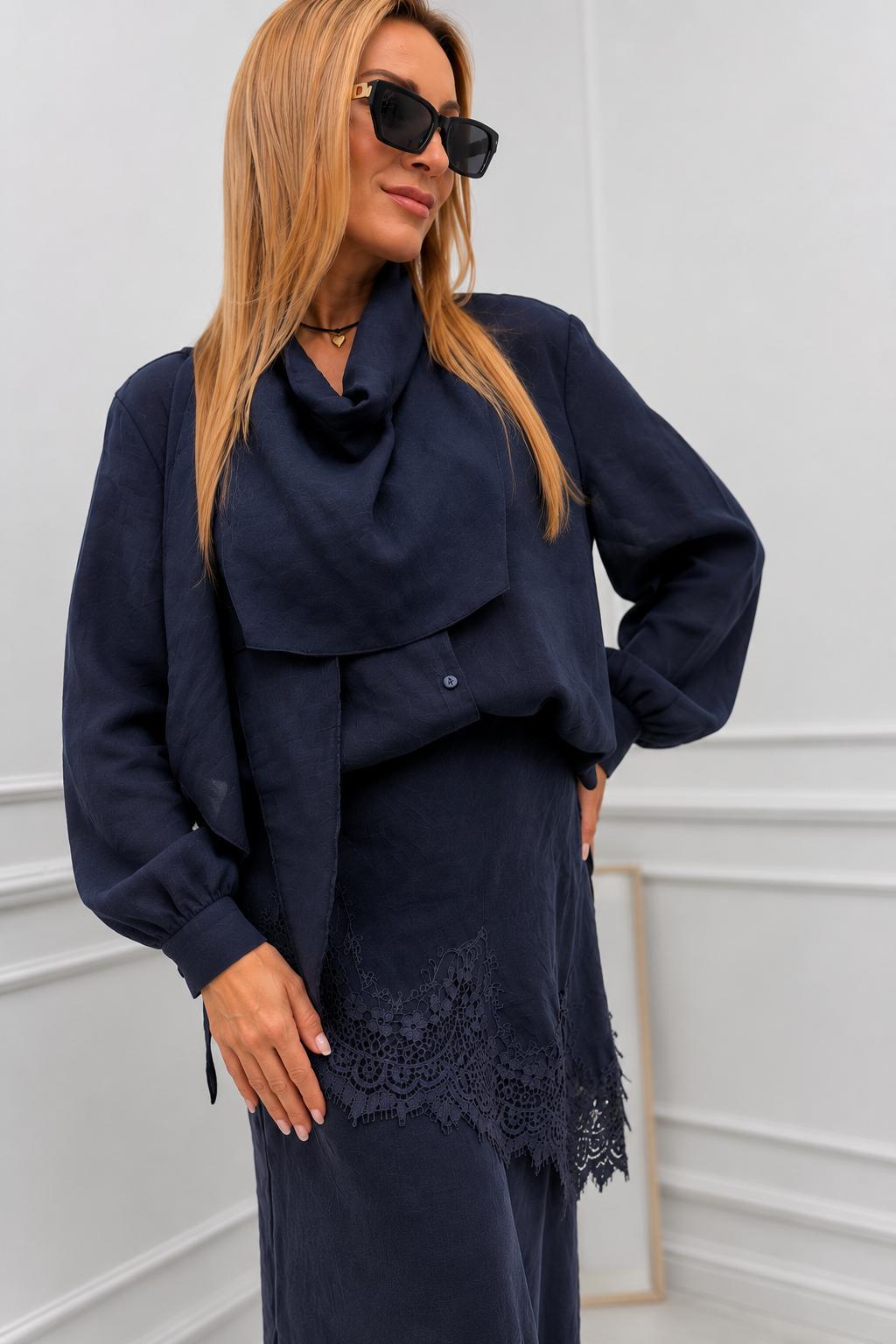 Granatowy Komplet Elegancki Spodnie & Koszula MIHO'S