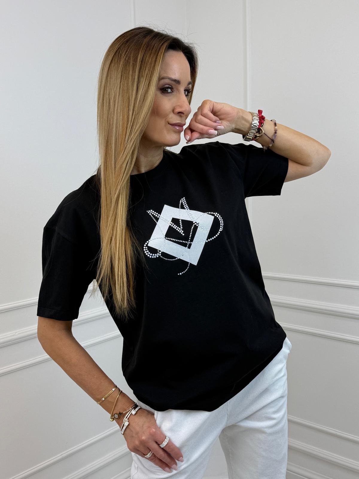 Czarna Bluzka T-shirt Minouu z Cyrkoniowym M 