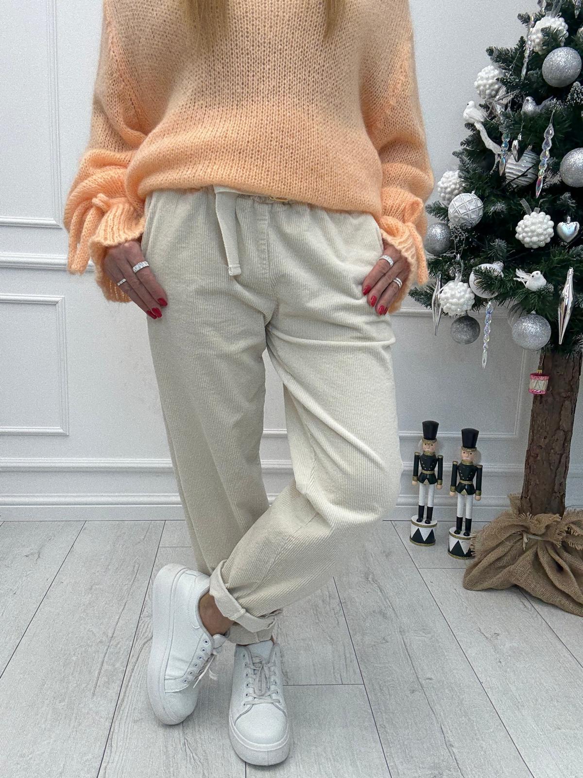 Jasny Beż Sztruksowe Spodnie z Parcianym Paskiem 