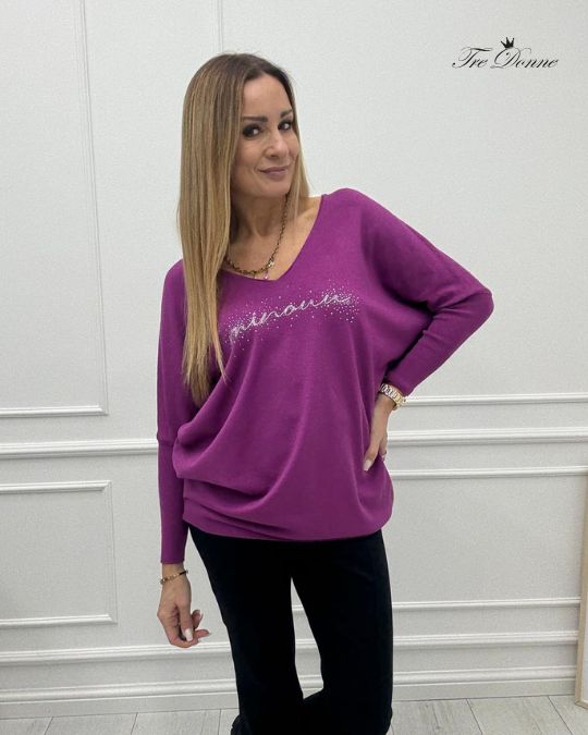 Bluzka Sweter Flora Minouu z Diamentowym Logo Magenta