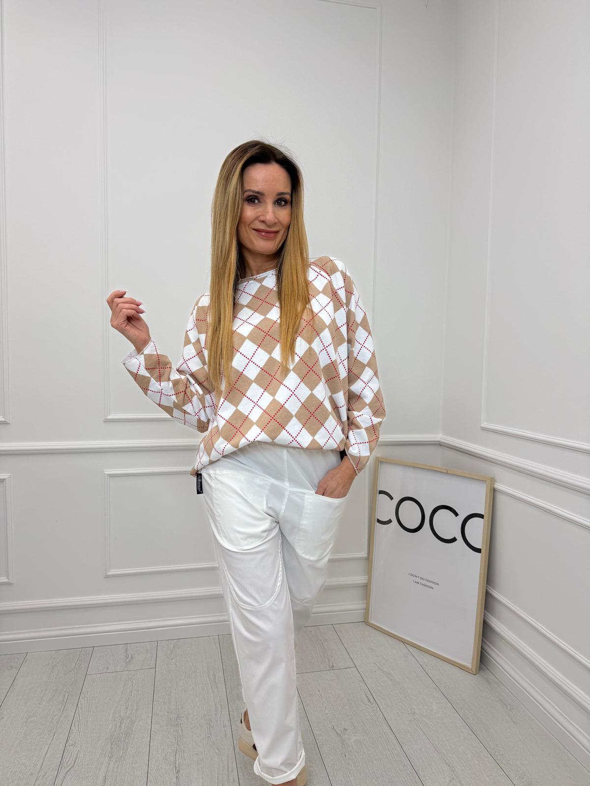 Beżowo Biała Bluzka w Romby MU MU 