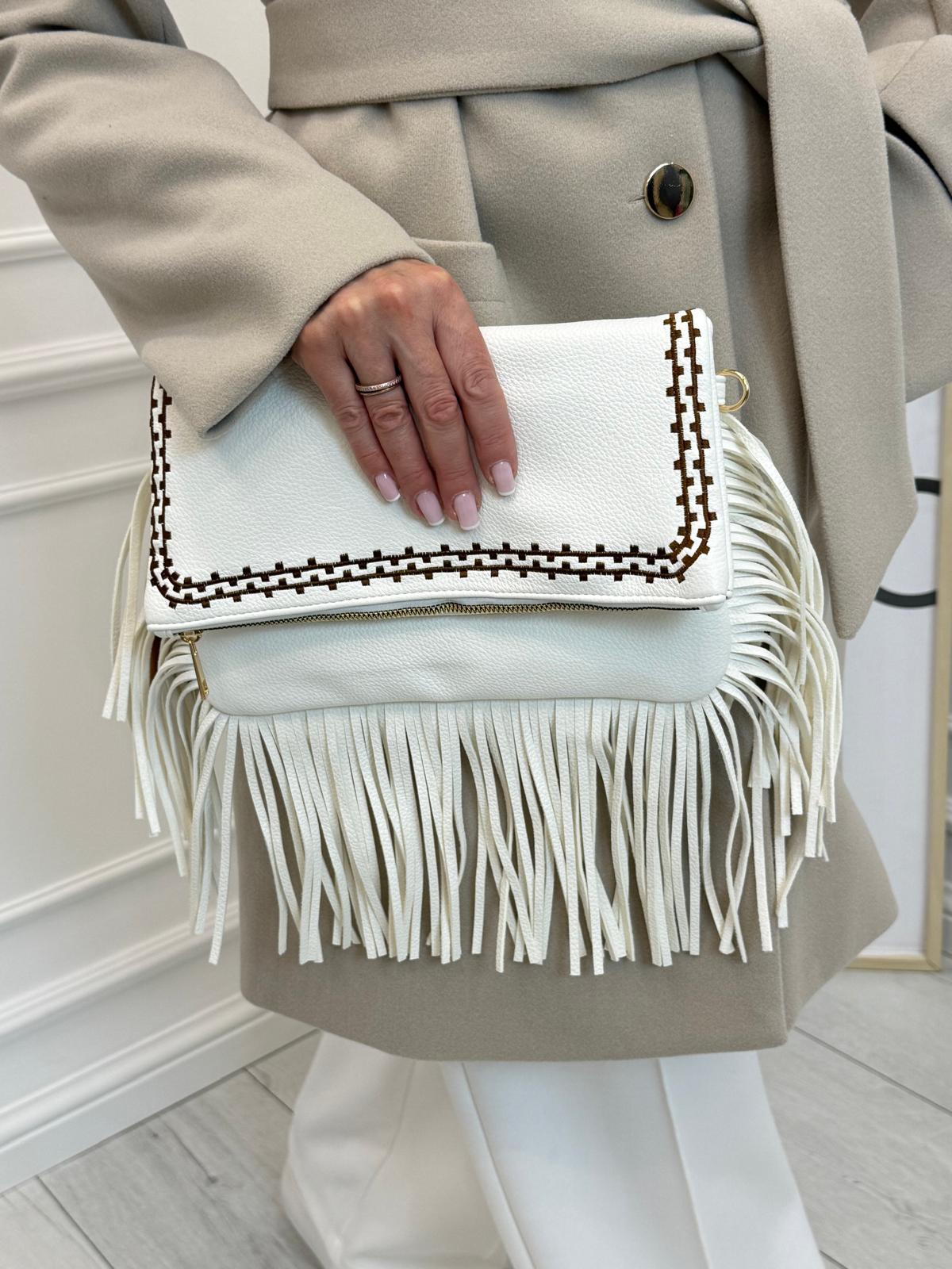 Torebka z Eko Skóry Biała z Frędzlami