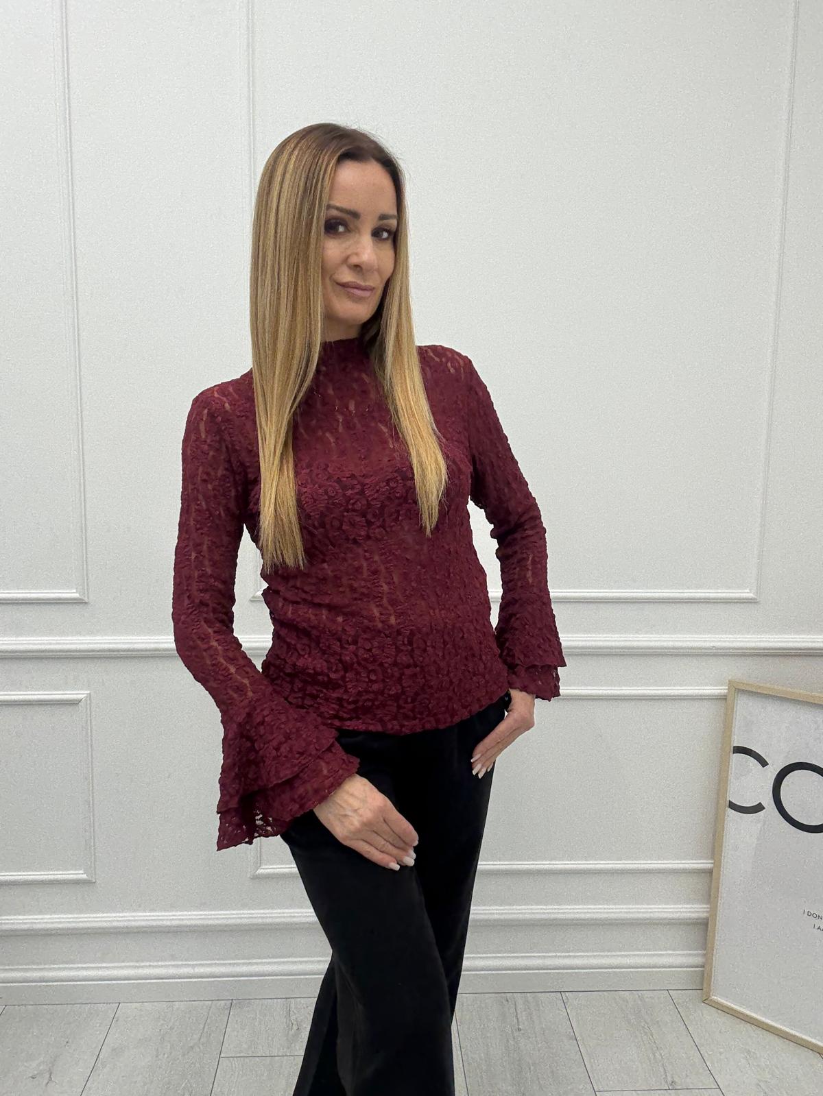 Bordowa Bluzka Koronkowa Full Classy