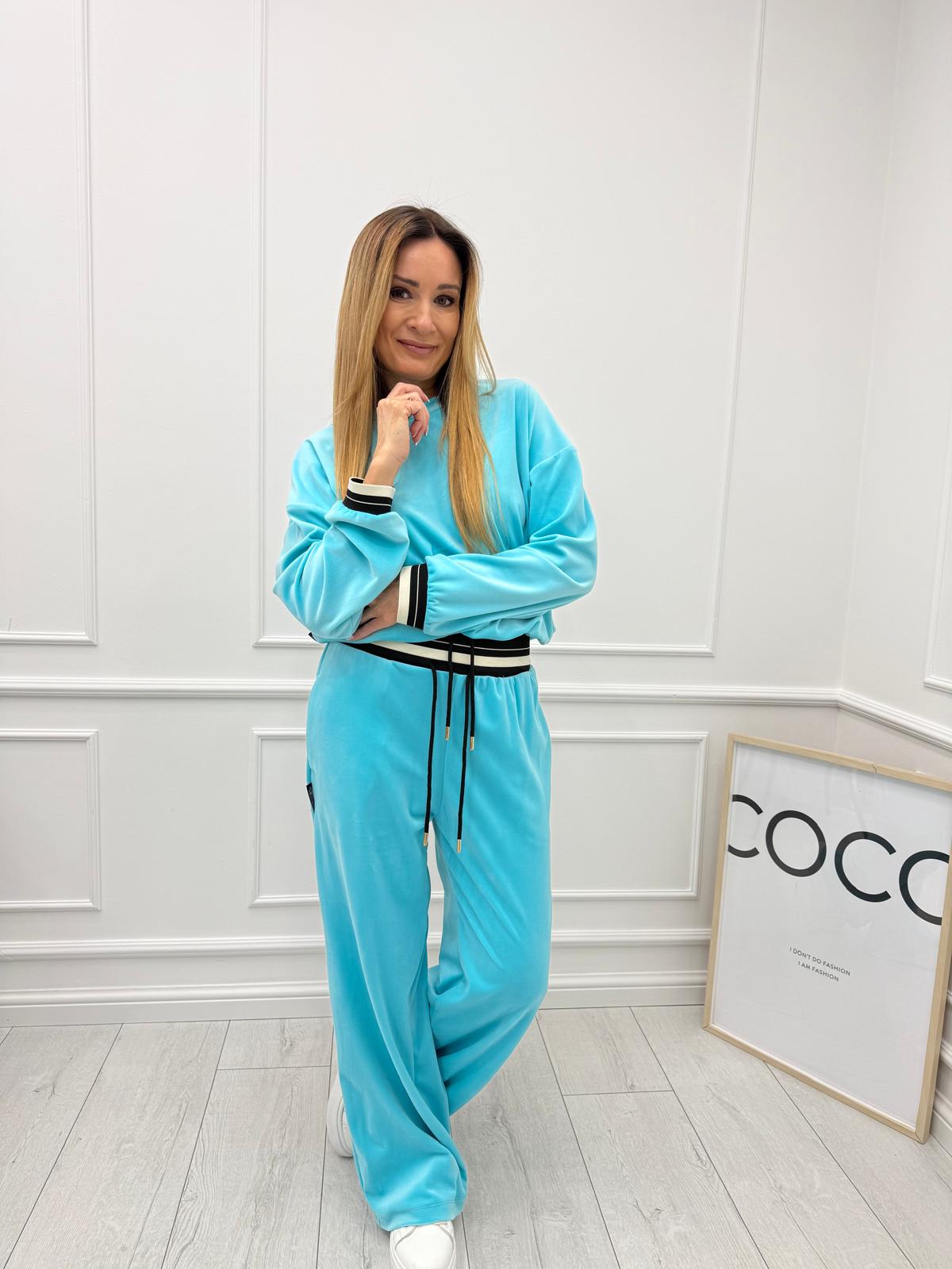 Turkusowy Welurowy Komplet Dresowy Minouu Spodnie Szwedy & Bluza