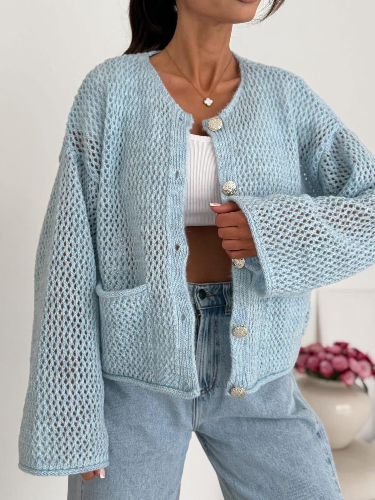Błękitny Ażurowy Sweter Kardigan BOCCA 