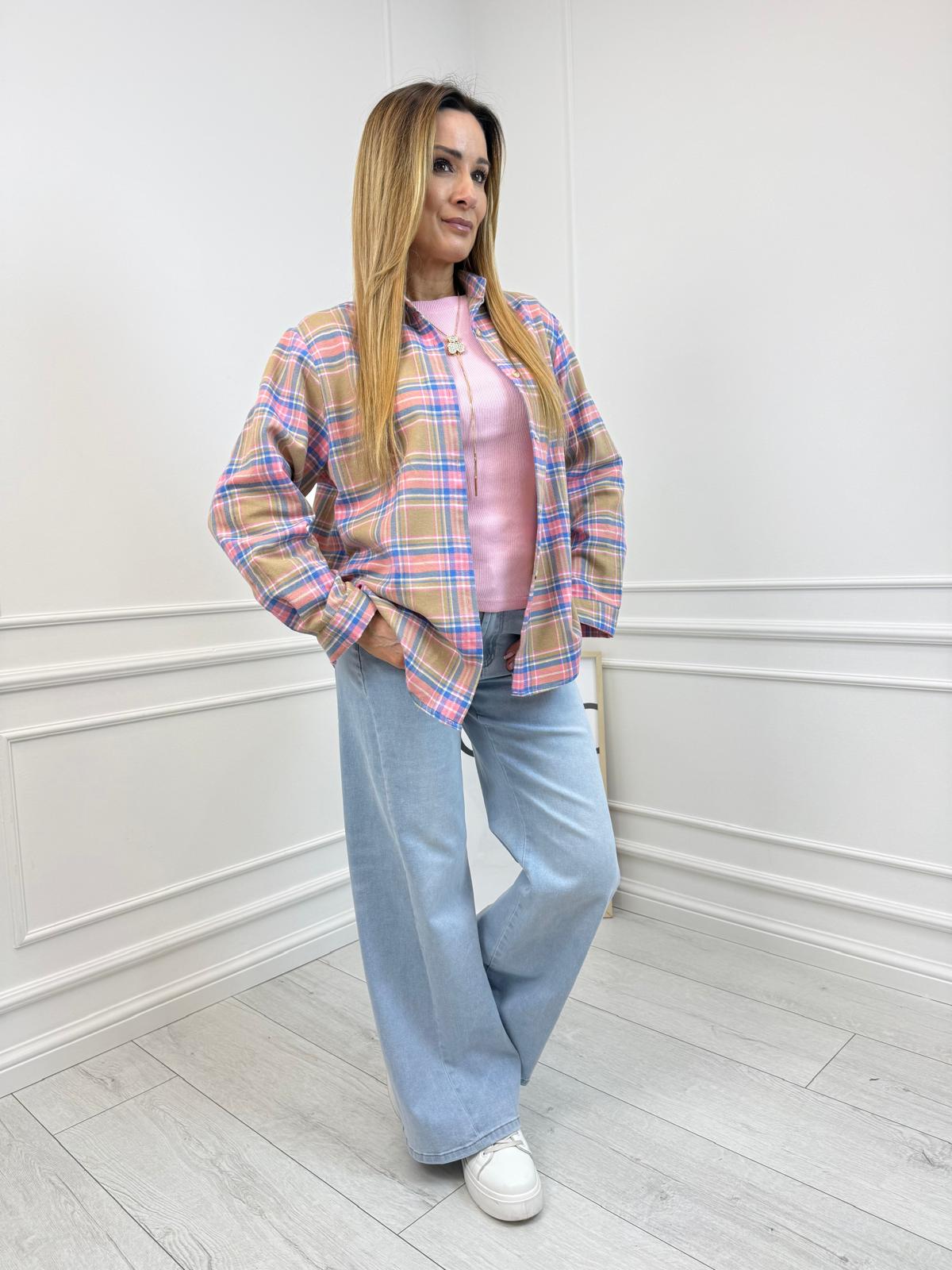 Karmelowa Koszula w Różowo Niebieską Kratkę