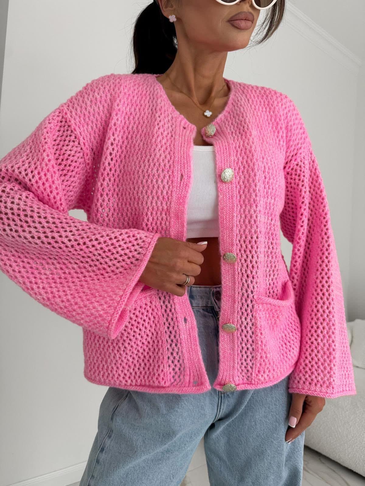 Różowy Ażurowy Sweter Kardigan BOCCA 