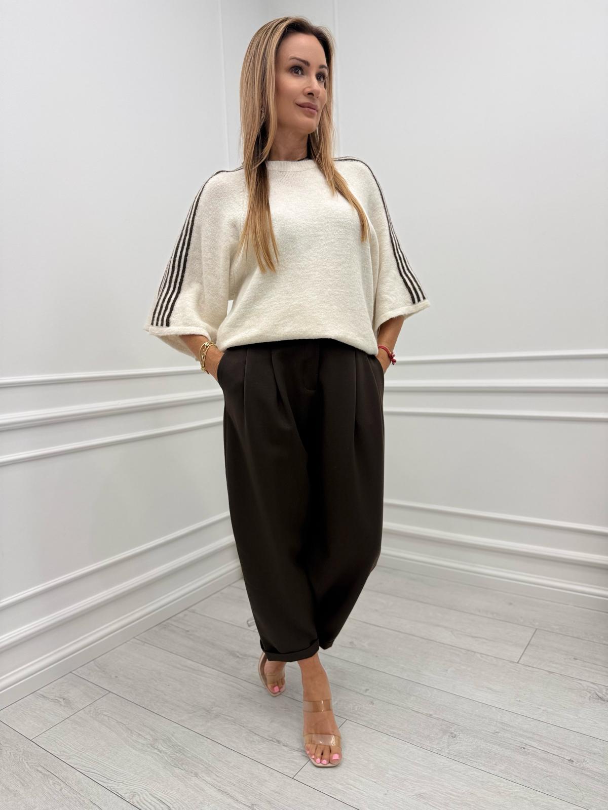 Sweter z Lampasem na Rękawie Ecru