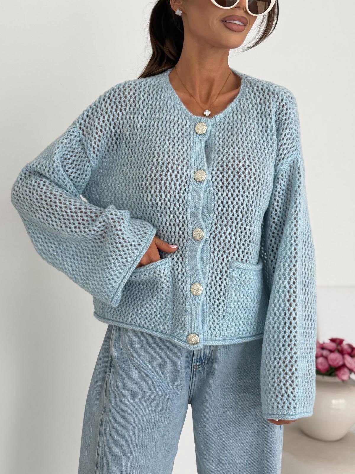 Błękitny Ażurowy Sweter Kardigan BOCCA 