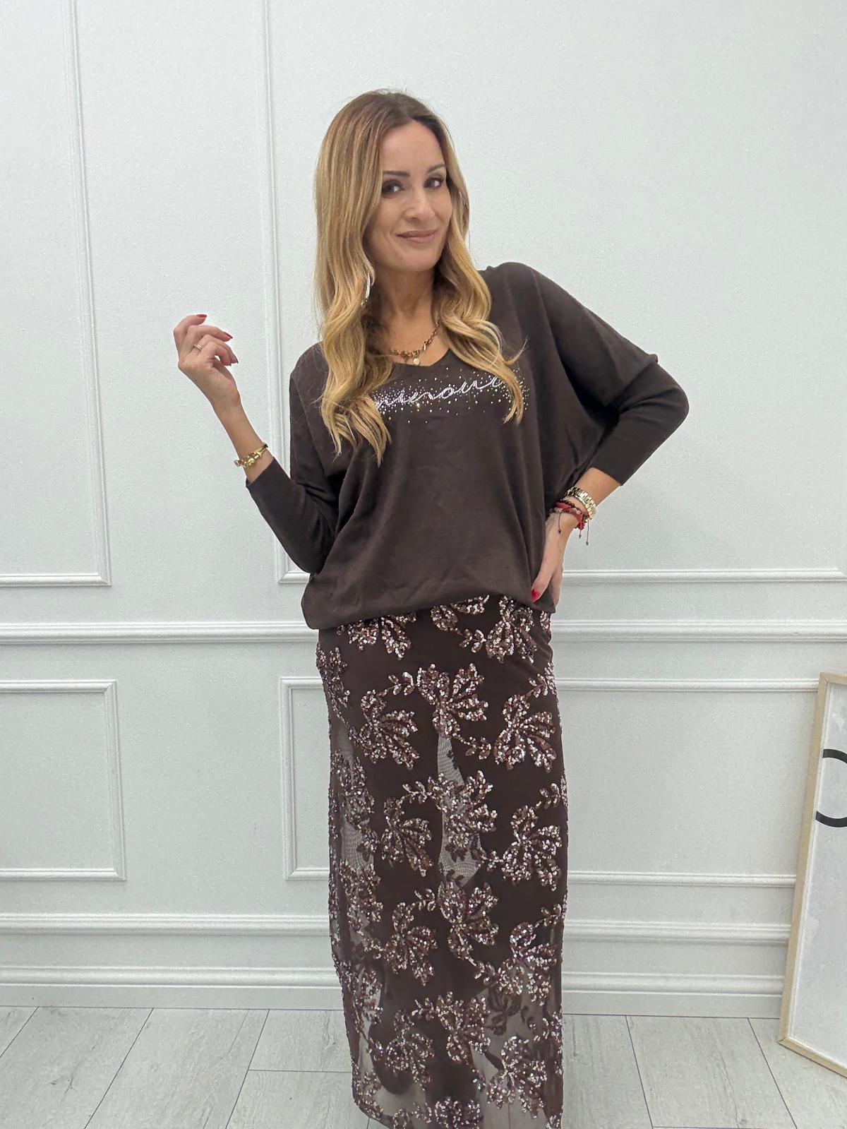 Spódnica Maxi Czekolada z Cekinowymi Kwiatami 