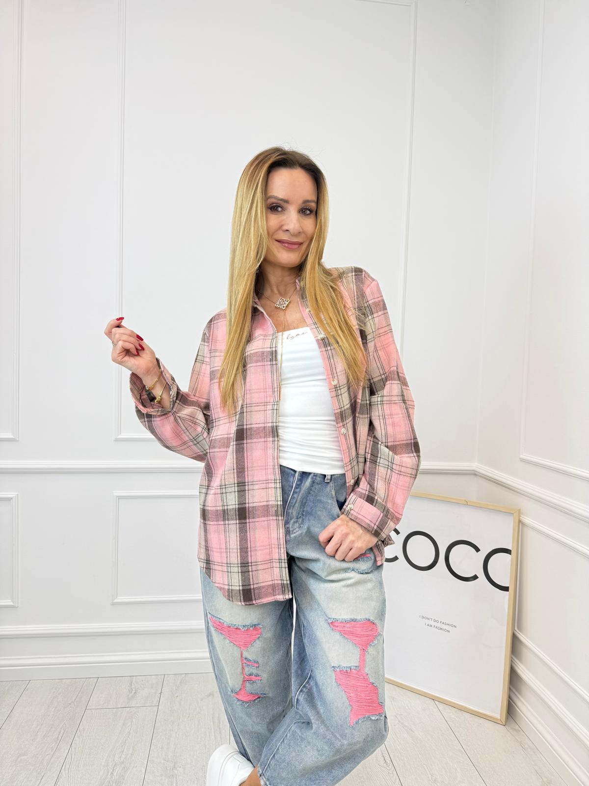 Różowo Brązowa Koszula w Kratkę 