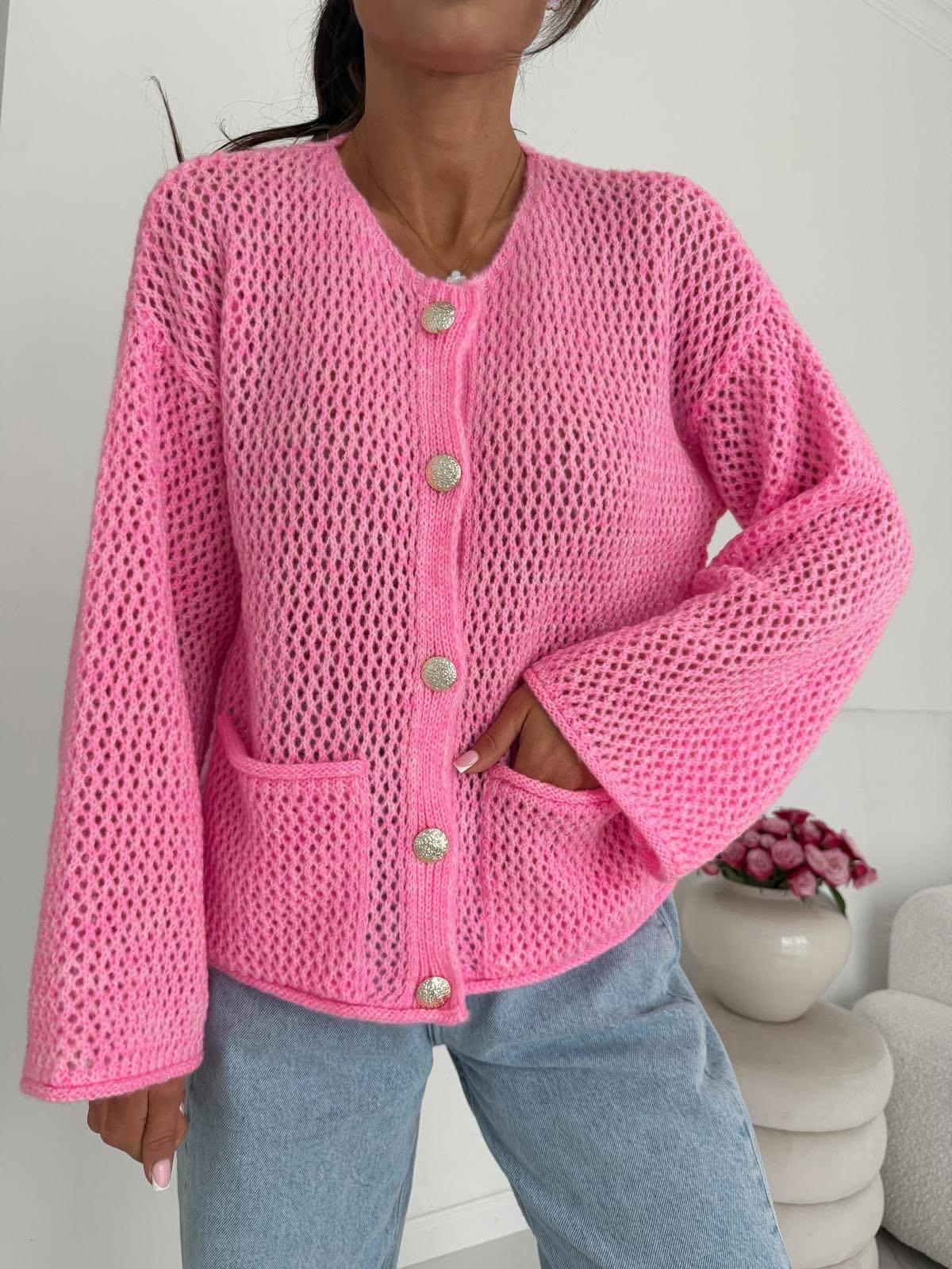 Różowy Ażurowy Sweter Kardigan BOCCA 