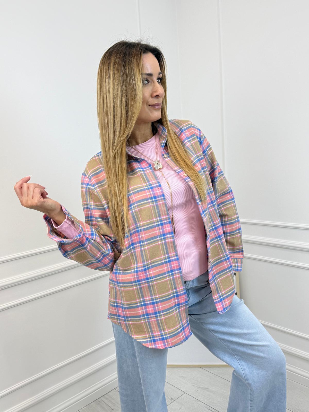 Karmelowa Koszula w Różowo Niebieską Kratkę