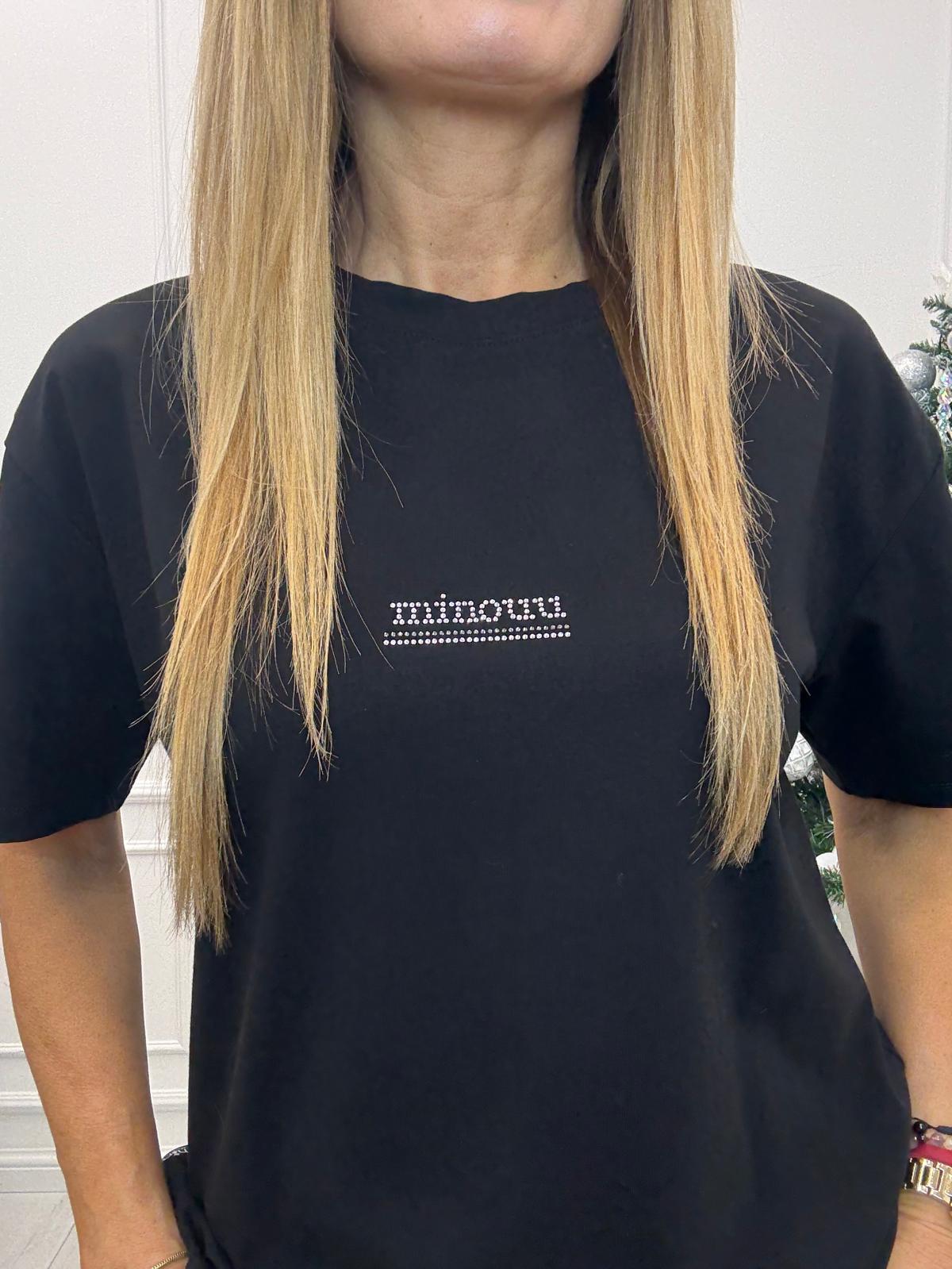 Czarny Damski T-Shirt z Napisem Minouu