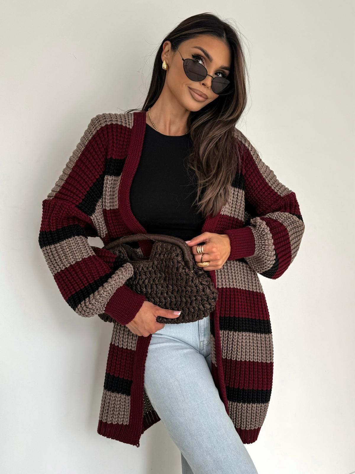 Sweter Kardigan Paski Bordo BOCCA