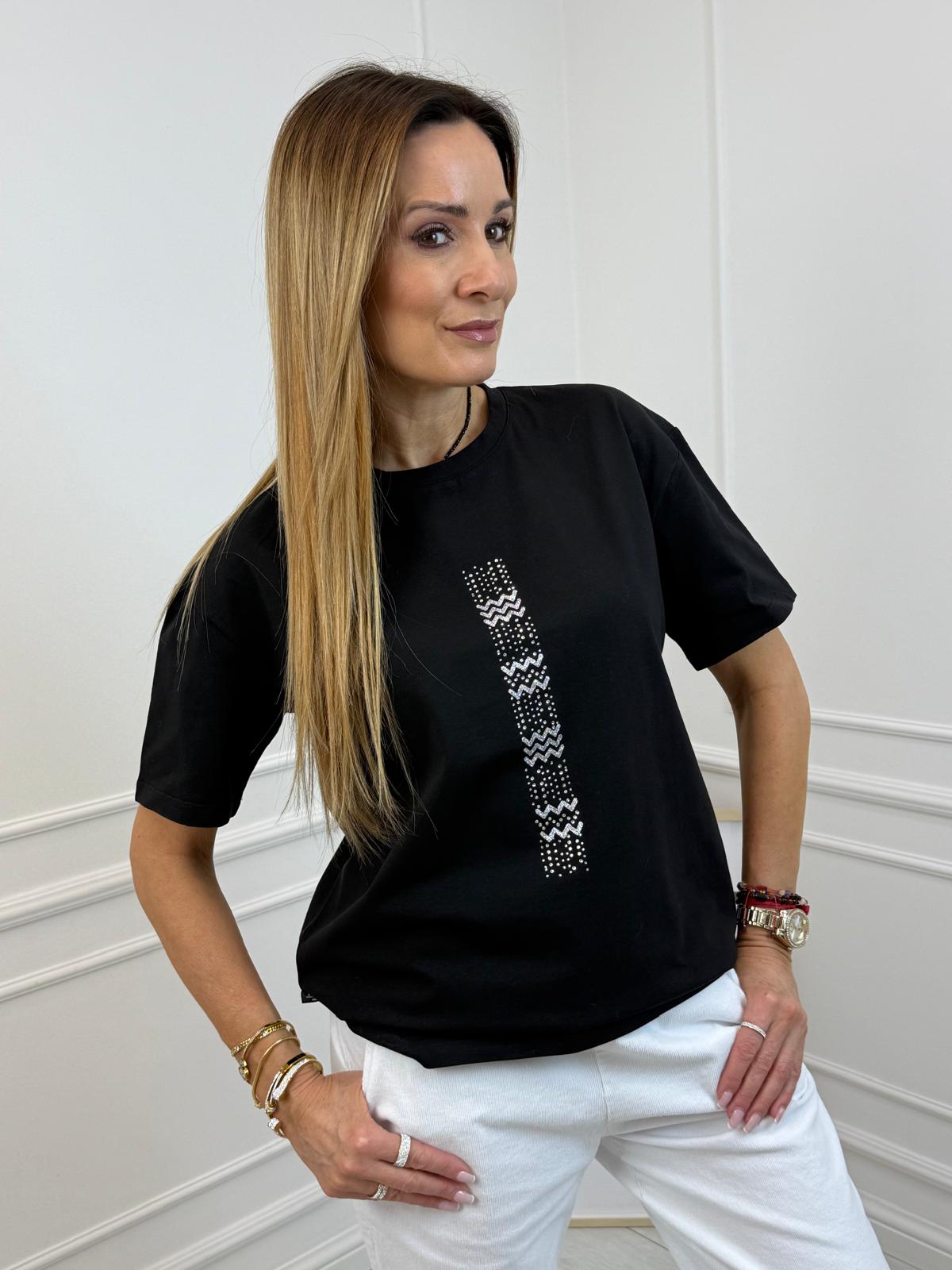 Czarna Bluzka T-shirt Minouu z Kryształową Aplikacją