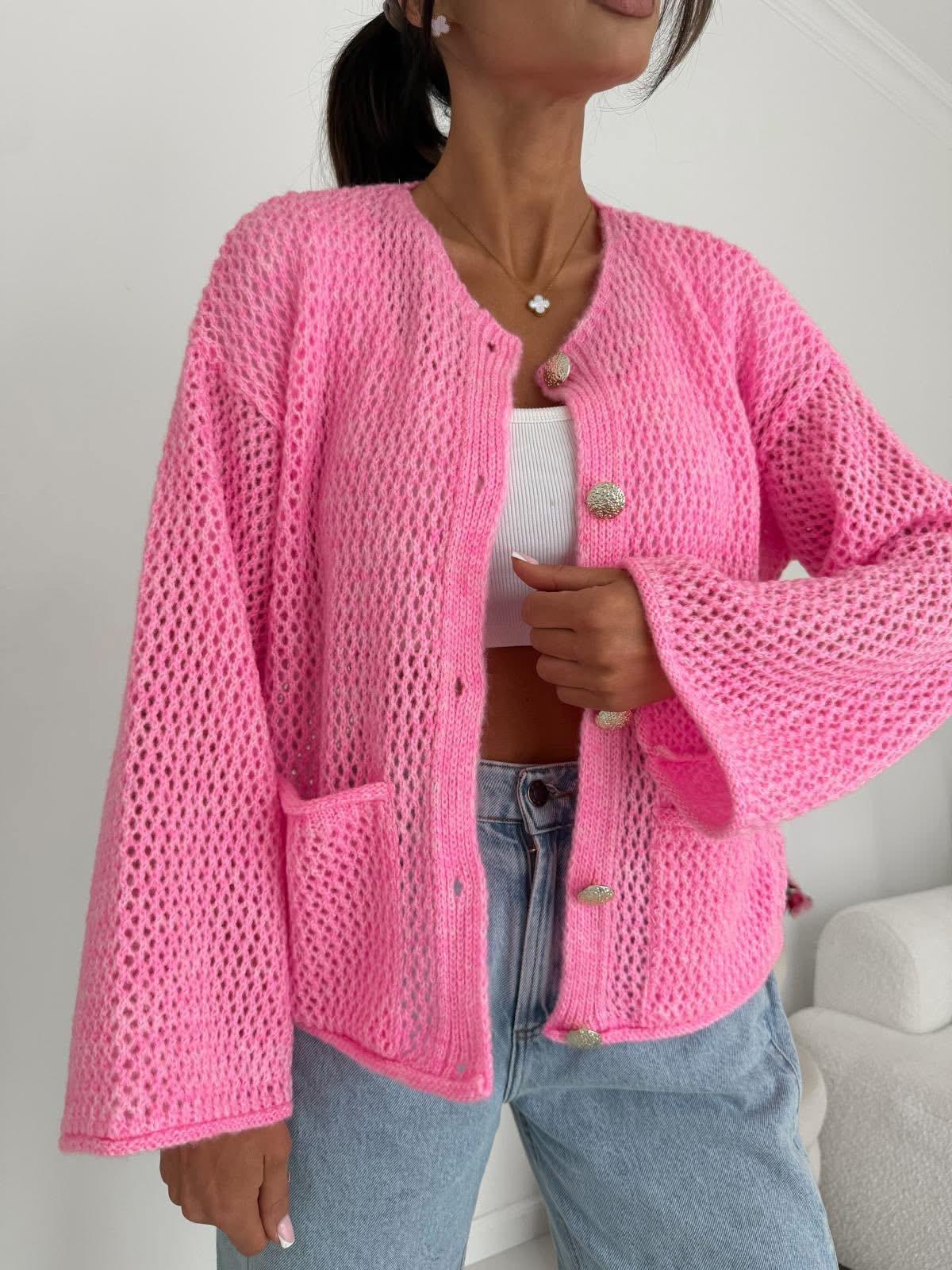 Różowy Ażurowy Sweter Kardigan BOCCA 