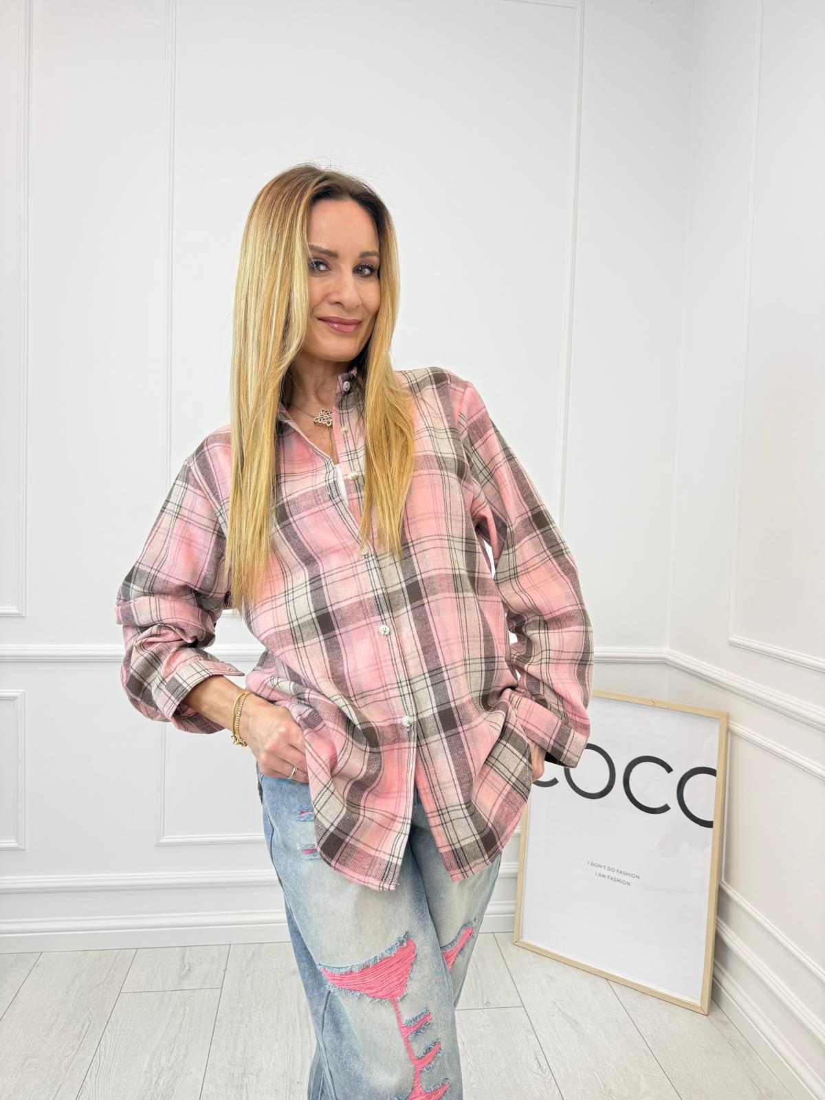 Różowo Brązowa Koszula w Kratkę 