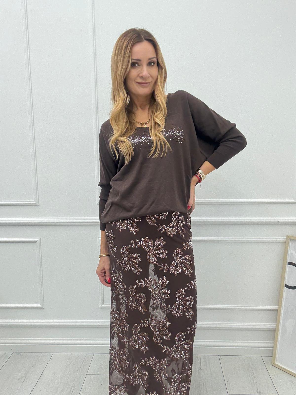 Spódnica Maxi Czekolada z Cekinowymi Kwiatami 