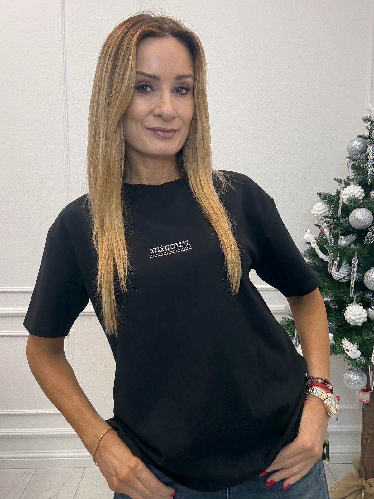 Czarny Damski T-Shirt z Napisem Minouu