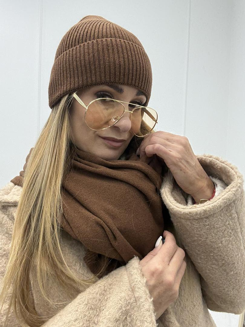 Kaszmirowy Zestaw Szal + Czapka Jasny Brąz
