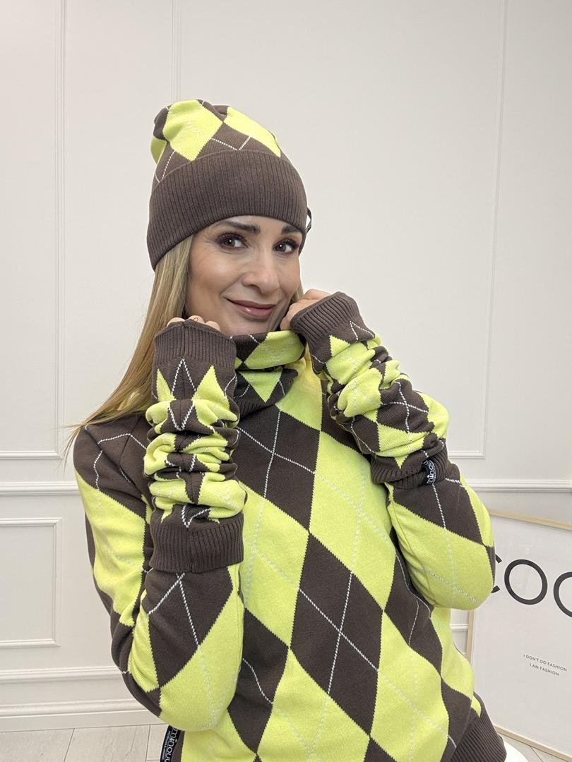 Komplet Rombowzór Czapka, Komin, Ocieplacze