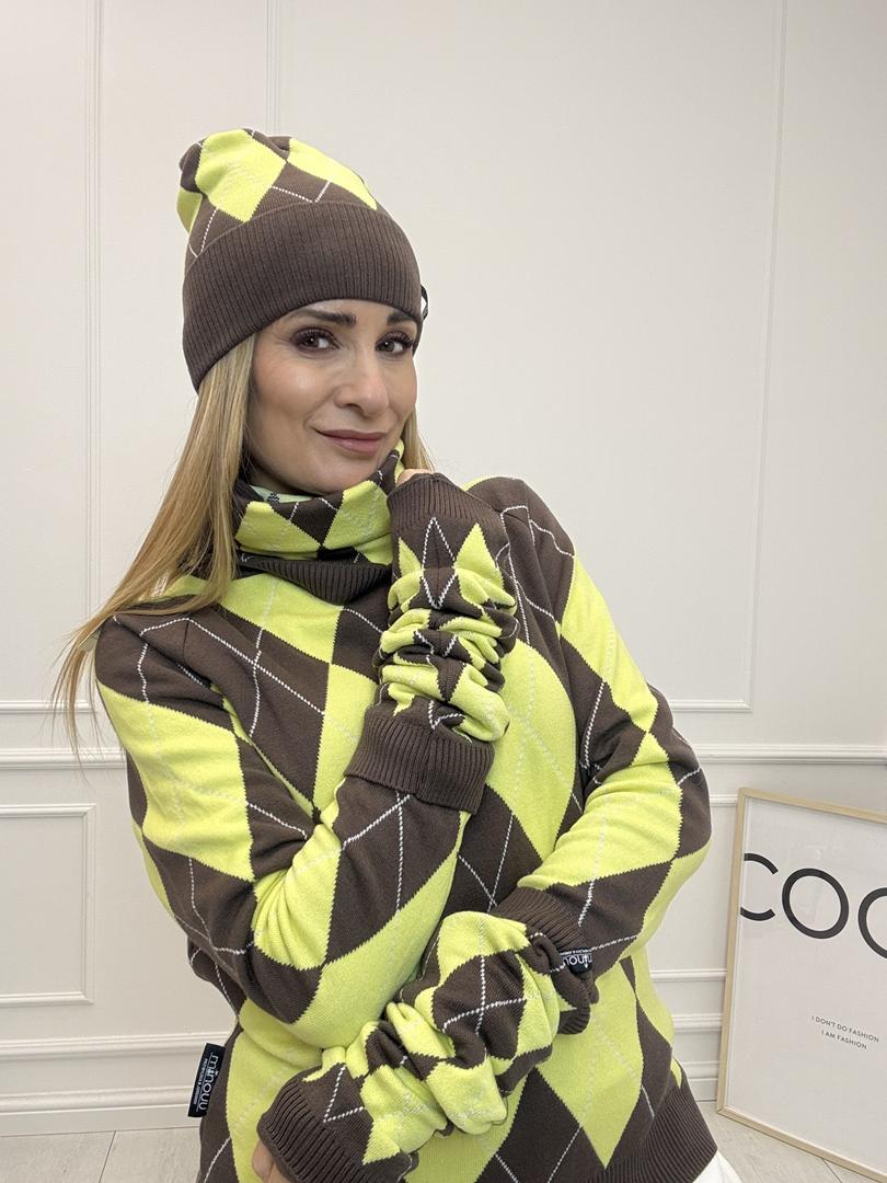 Komplet Rombowzór Czapka, Komin, Ocieplacze