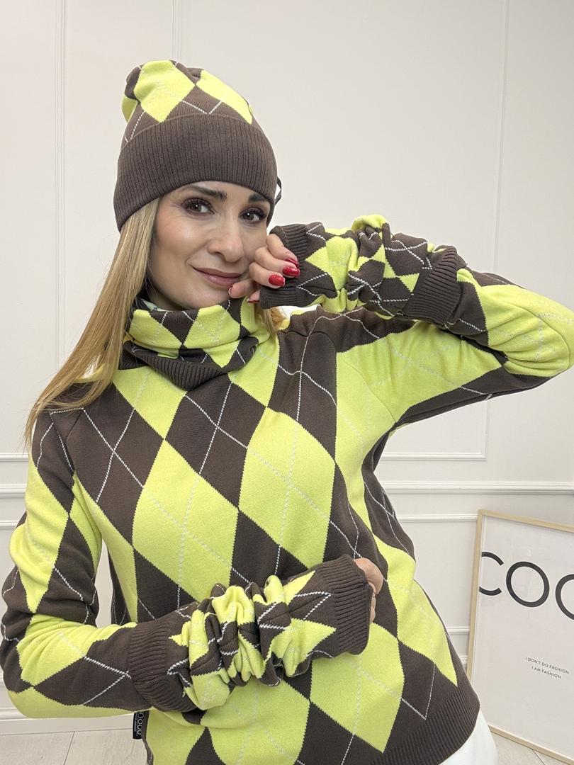 Komplet Rombowzór Czapka, Komin, Ocieplacze