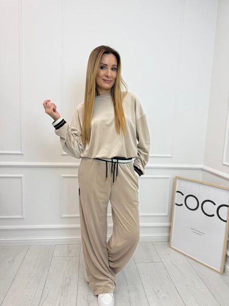 Beżowy Welurowy Komplet Dresowy Minouu Spodnie Szwedy & Bluza