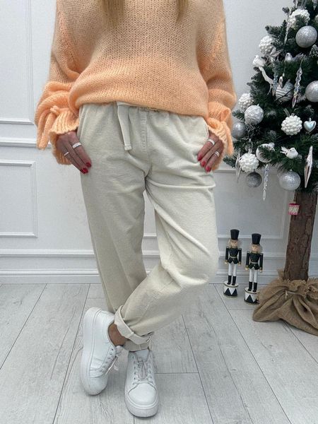 Jasny Beż Sztruksowe Spodnie z Parcianym Paskiem 