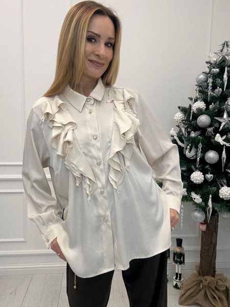 Beżowa Satynowa Koszula z Żabotem Minouu