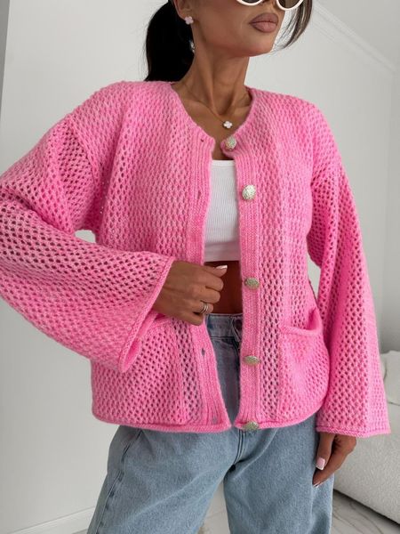 Różowy Ażurowy Sweter Kardigan BOCCA 