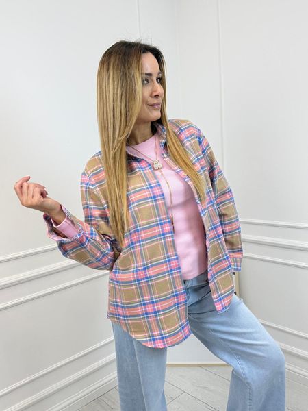 Karmelowa Koszula w Różowo Niebieską Kratkę