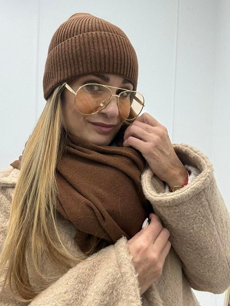 Kaszmirowy Zestaw Szal + Czapka Jasny Brąz