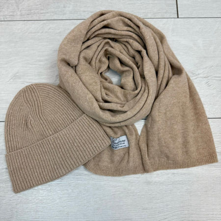 Kaszmirowy Zestaw Szal + Czapka Beż