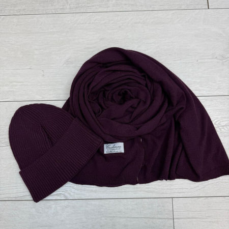 Kaszmirowy Zestaw Szal + Czapka Śliwka
