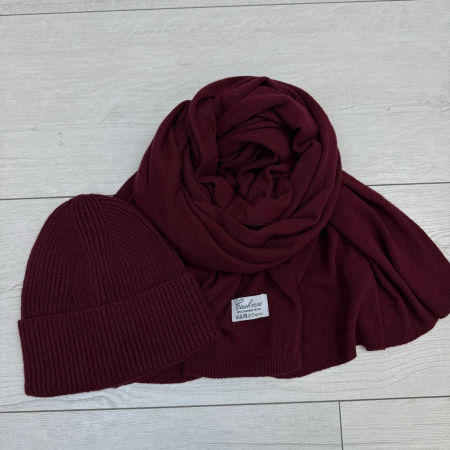 Kaszmirowy Zestaw Szal + Czapka Bordo