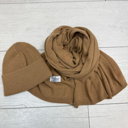 Kaszmirowy Zestaw Szal + Czapka Camel